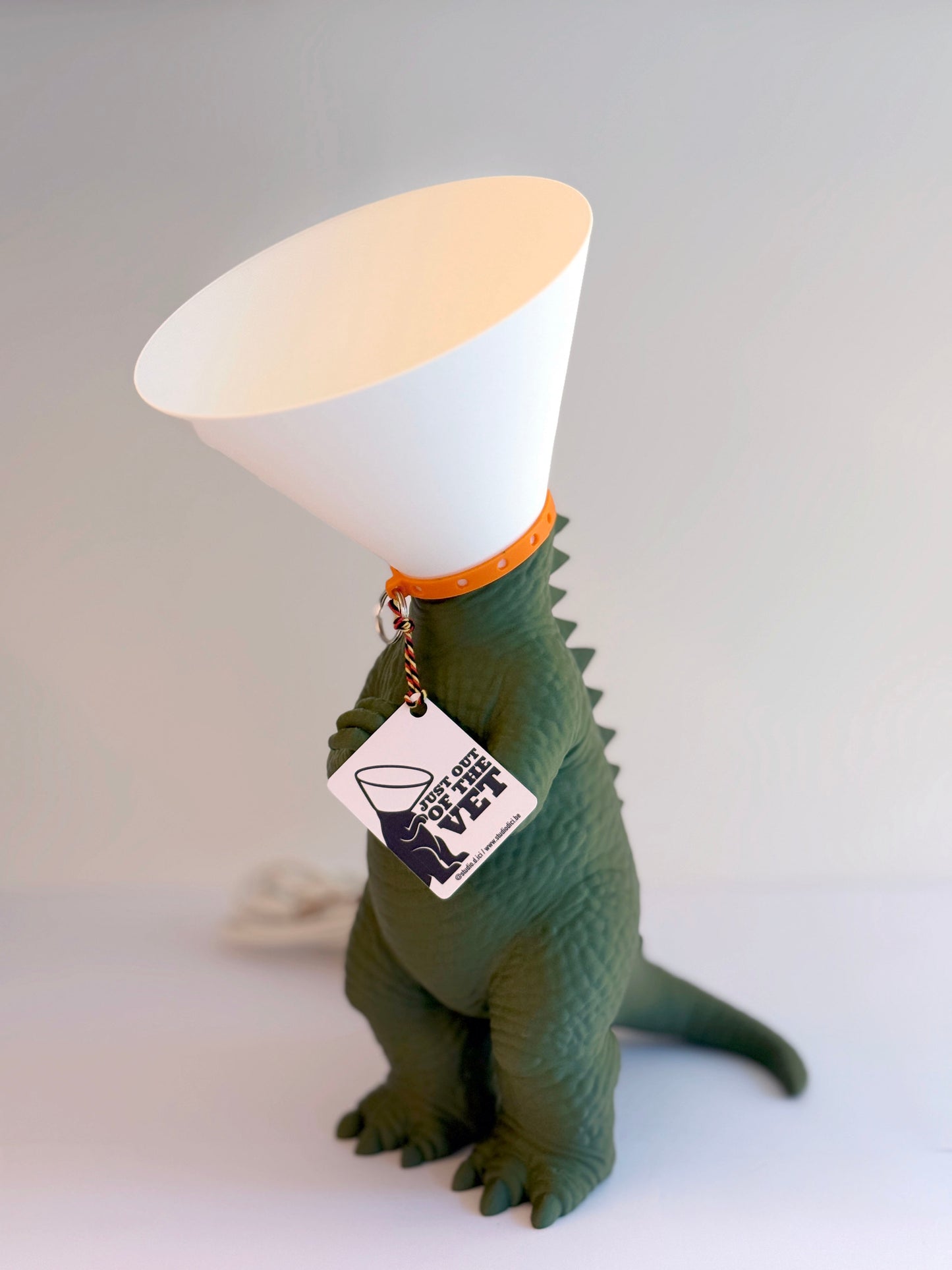 Dinosaure juste sorti de chez le vétérinaire.