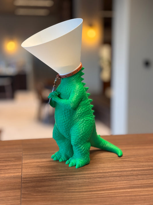 Dinosaure juste sorti de chez le vétérinaire.