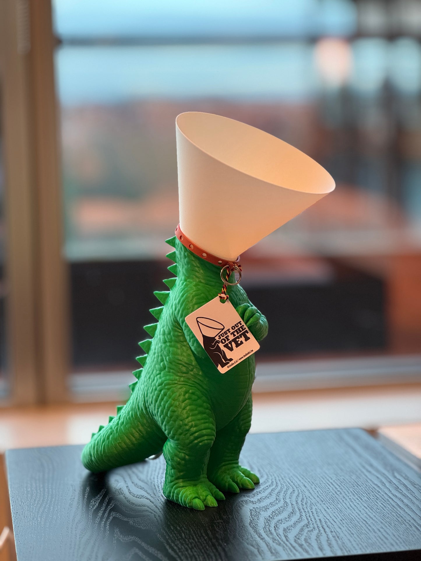 Dinosaure juste sorti de chez le vétérinaire.